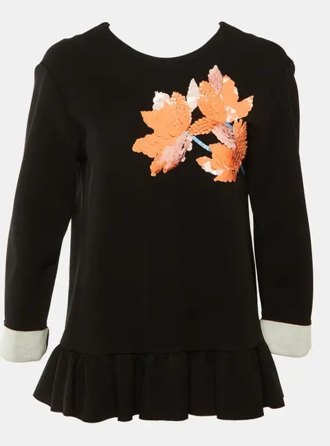 Marni Black Jersey Floral Sequin Detail Ruffled Blouse S