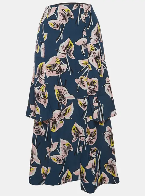 Marni Blue Floral Print Crepe Ruffled Maxi Shirt M