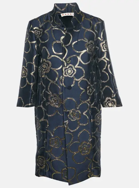 Marni Navy Blue/Gold Metallic Floral Jacquard Overcoat M