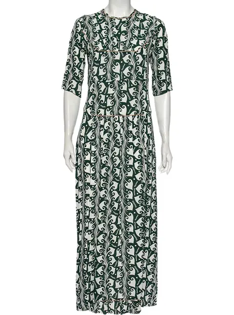 Marni Green Printed Crepe Pleated Front Detailed Maxi Dress S