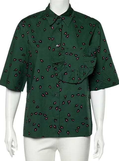 Marni Green Printed Ruffled Trim Pocket Detailed Button Front Shirt S