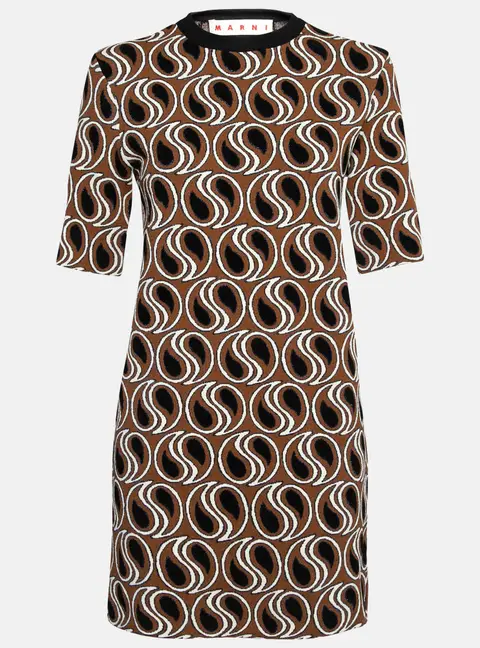 Marni Brown Jacquard Lurex Knit Short Sleeve Dress M