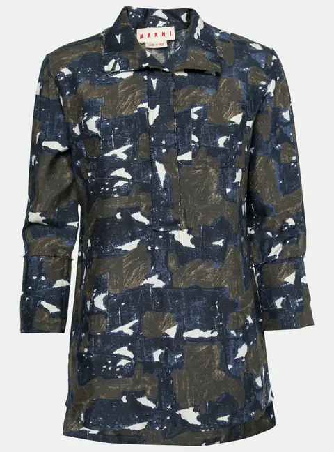 Marni Navy Blue & Green Printed Silk Tunic S