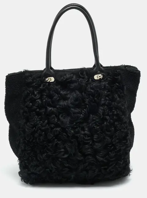 Marni Black Shearling and Fur Vertical Tote