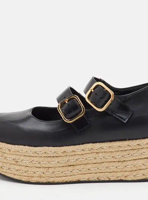 Marni Size 39 Black Leather Platform Espadrille Mary Jane Sandals