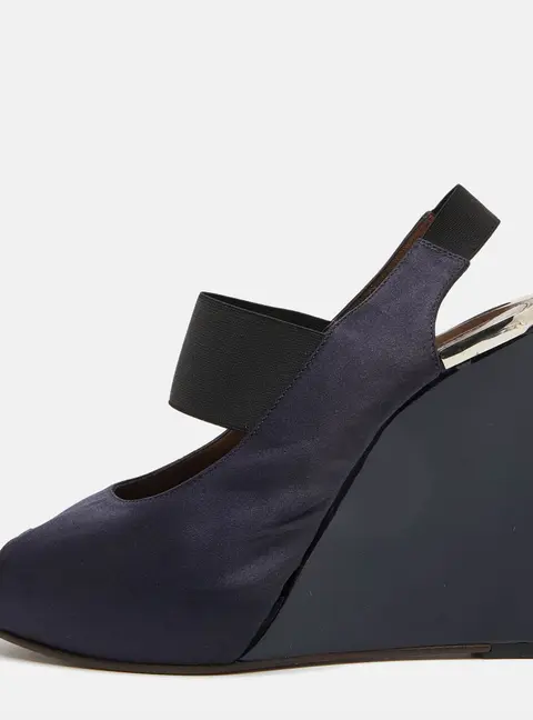 Marni Navy Blue Satin Slingback Wedge Sandals Size 38.5