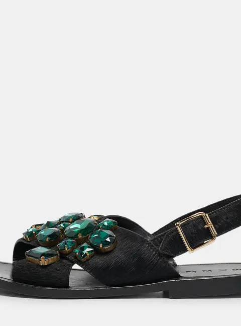 Marni Black Calf Hair Embellished Flat Slingback Sandals Size 37