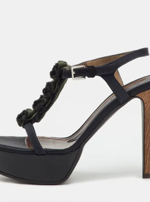 Marni Black/Green Satin and Fabric Platform Ankle Strap Sandals Size 39