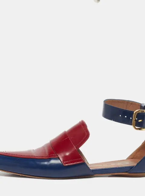 Marni Sabot Size 38.5 Navy Blue/Burgundy Leather Ankle Strap Flats
