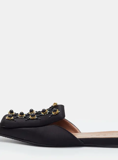 Marni Embellished Size 36.5 Black Satin Pointed Toe Flat Mules