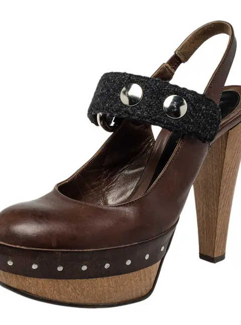 Marni Brown/Black Fabric And Leather Mary Jane Buckle Strap Pumps Size 40