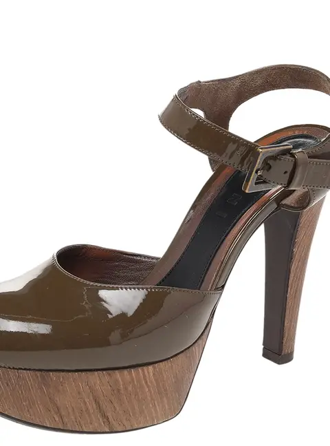 Marni Olive Green Patent Leather Platform Ankle Strap Sandals Size 38