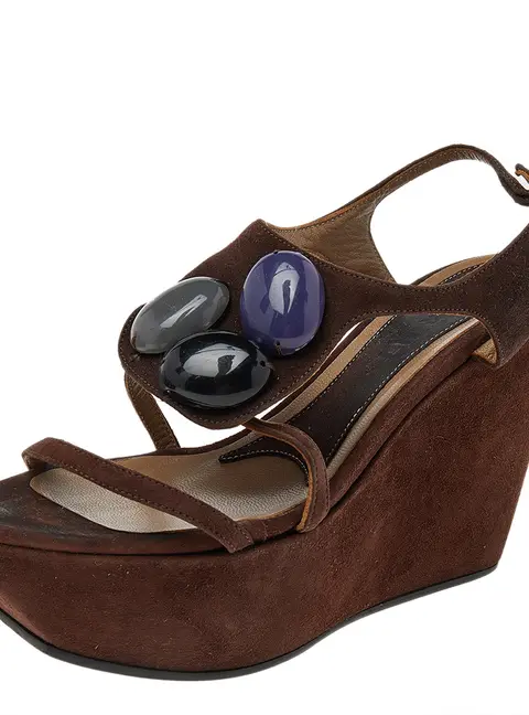 Marni Brown Suede Embellished Wedge Platform Ankle Strap Sandals Size 36