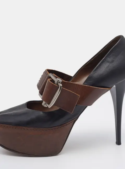 Marni Black/Brown Leather Mary Jane Peep Toe Platform Pumps Size 40