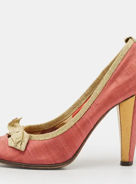 Marc by Marc Jacobs Gold/Red Canvas Bow Peep Toe Pumps Size 37