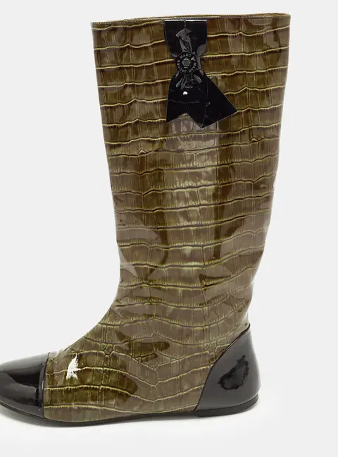 Marc by Marc Jacobs Size 38.5 Green/Black Croc Embossed Patent Leather Knee Length Boots