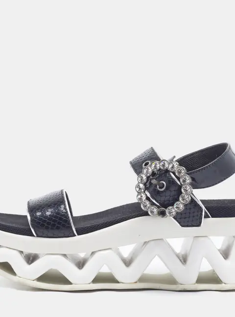 Marc by Marc Jacobs Size 37 Black Snakeskin Embossed Leather Ninj Crystal Embellished Wedge Sandals