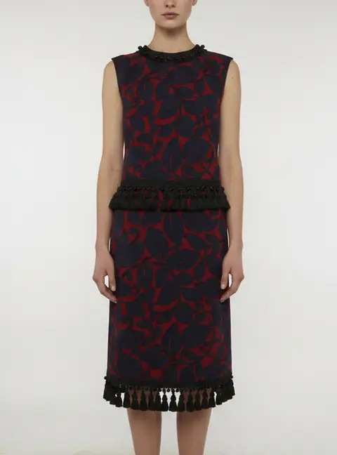 Marc Jacobs Navy Blue/Burgundy Leaf Print Wool Tassel Detail Sheath Dress XS