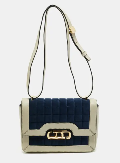 Marc Jacobs The J Link Blue/Off White Leather and Stripe Velvet Shoulder Bag