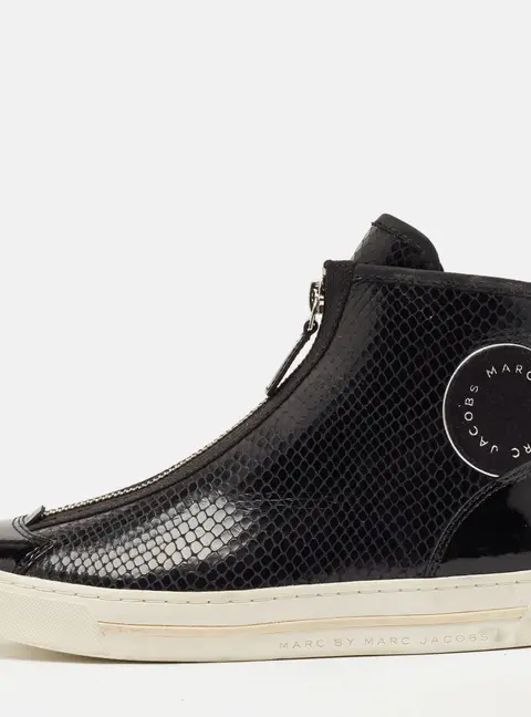 Marc Jacobs Black Patent Leather and Snakeskin Embossed Leather High Top Sneakers Size 37