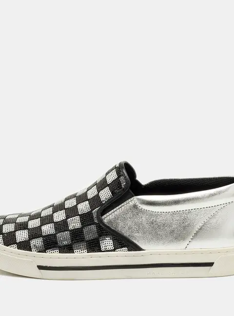 Marc Jacobs Mercer Size 41 Black/Silver Leather and Sequin Satin Slip On Sneakers