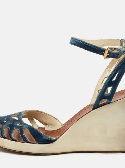 Marc Jacobs Laguna Size 37.5 Blue Velvet Ankle Strap Wedge Sandals