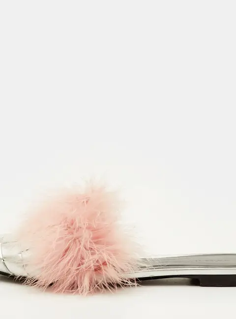 Marco de Vincenzo Size 40 Silver/Blush Pink Woven Leather and Fur Flat Mules