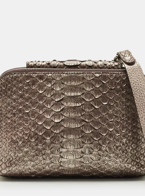 Maria Oliver Brown Python Double Zip Crossbody Bag