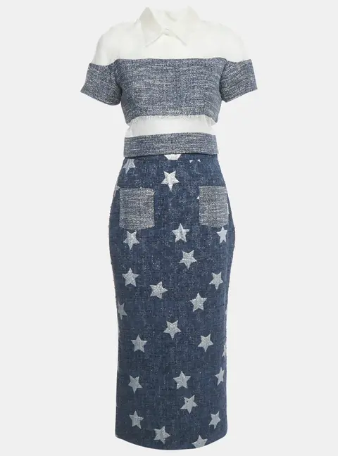 Marina Qureshi Blue Jacquard Tweed Top and Skirt Set S