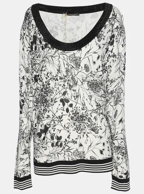 Marina Rinaldi White/Black Printed Knit Embellished Neck Top XL