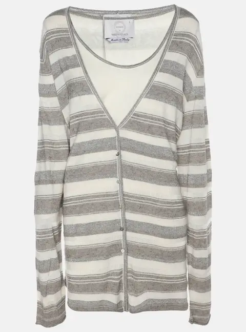 Voyage by Marina Rinaldi Grey/Off White Stripe Stretch Knit Cardigan Set L