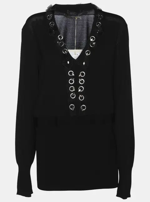 Marina Rinaldi Black Stretch Knit Embellished Long Sleeve Blouse L
