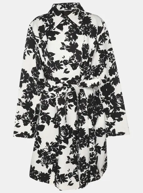 Marina Rinaldi White/Black Printed Cotton Blend Belted Overcoat L