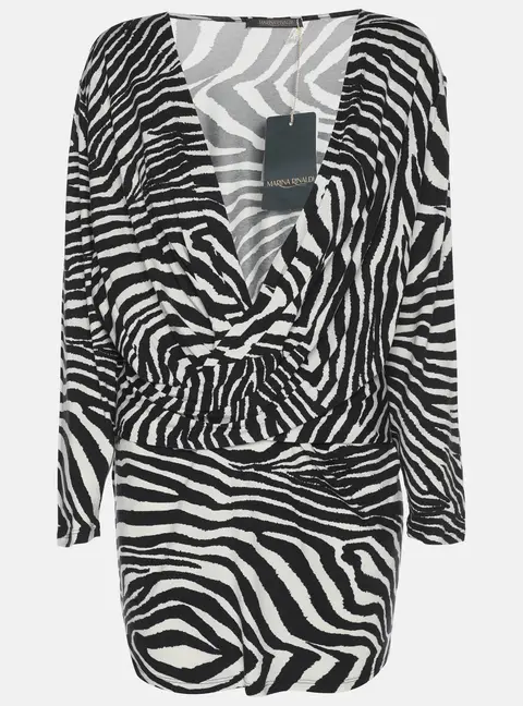 Marina Rinaldi Black/White Zebra Print Jersey V Neck Top L