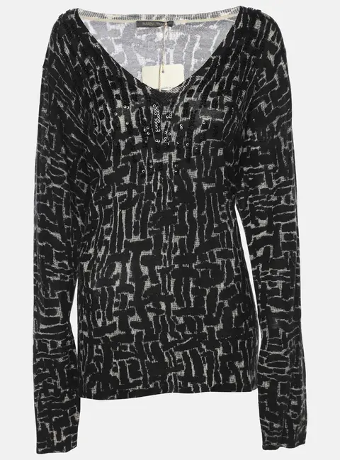 Marina Rinaldi Black/Off White Stretch Knit Scoop Neck Sweater L