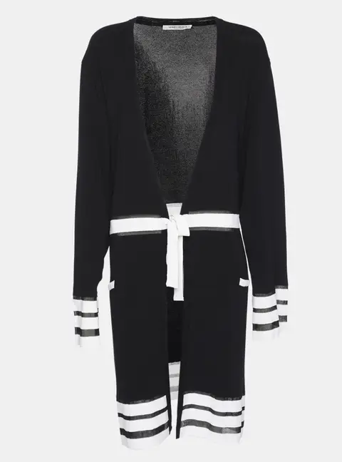 Marina Rinaldi Navy Blue/White Rib Knit Belted Cardigan L