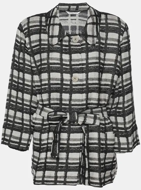 Marina Rinaldi Black/Off White Check Print Linen Blend Belted Blazer M