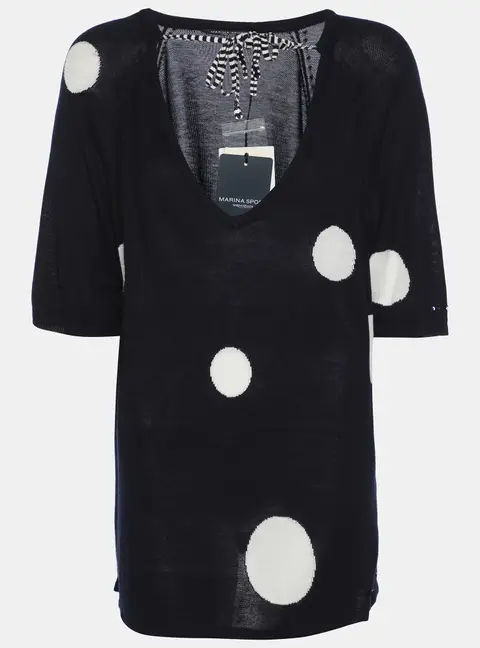 Marina Sport by Marin Rinaldi Navy Blue/White Stretch Knit Polka Dot V Neck Sweater L