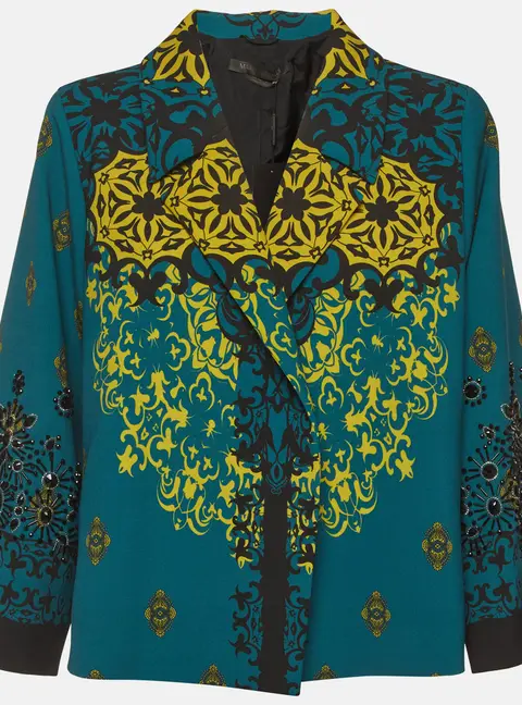 Marina Rinaldi Teal Baroque Damask Print Crepe Blazer Jacket XL