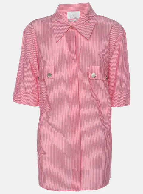 Marina Rinaldi Pink Striped Cotton Button Front Short Sleeve Shirt L
