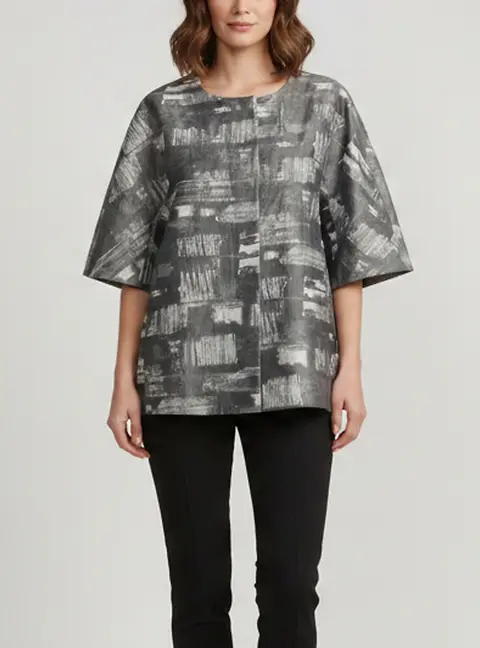 Marina Rinaldi Grey Abstract Brushstroke Jacquard Button Up Blouse XL