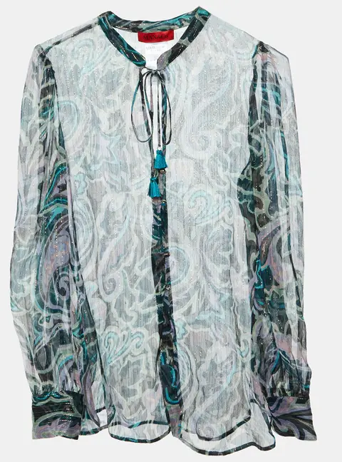 Max & Co. Green Printed Lurex Silk Tie-Up Neck Detail Blouse S
