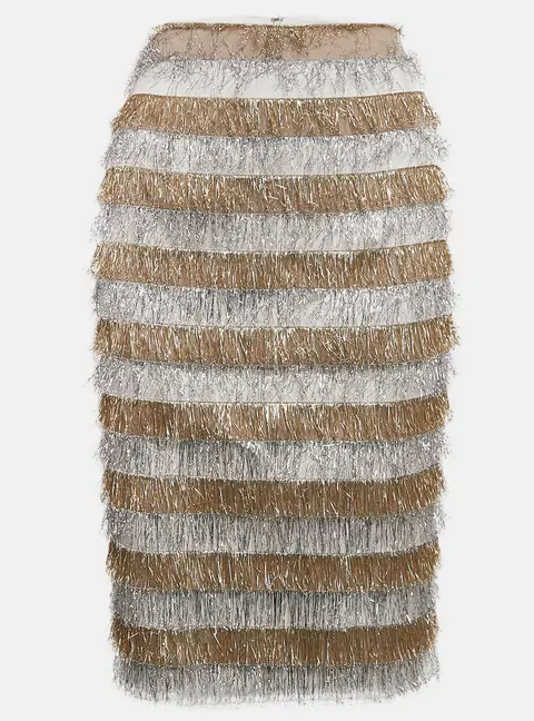 Max Mara Gold/Silver Metallic Fringed Crepe Gavetta Skirt S