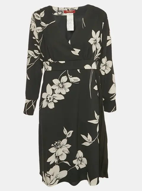 Max Mara Studio Black Floral Print Crepe Pleat Detailed Short Dress L