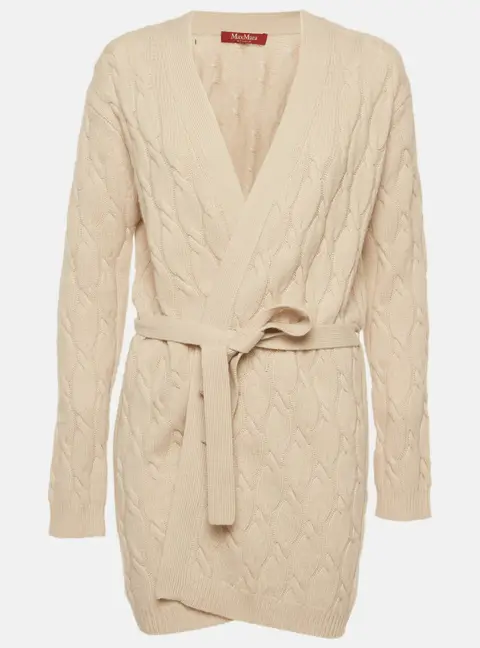 Max Mara Studio Beige Cable Knit Belted Cardigan L