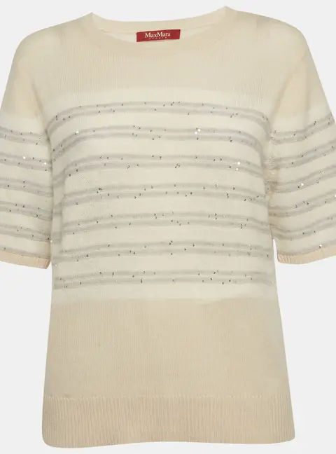 Max Mara Studio Beige Sequin Striped Wool Knit Top XL
