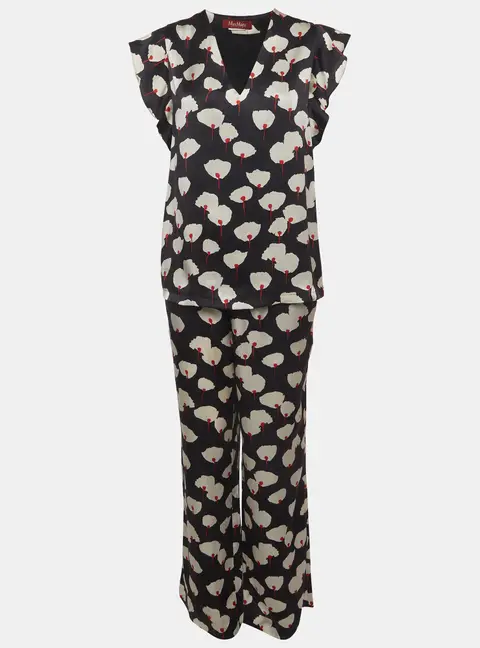 Max Mara Studio Black Floral Print Silk Pants and Top Set L