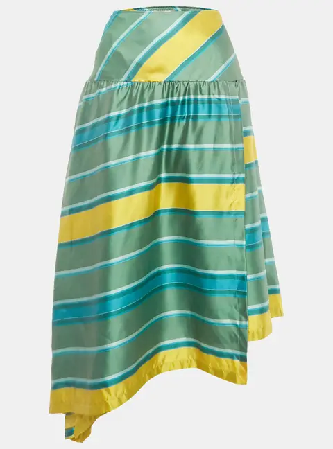 Max Mara Green/Yellow Striped Silk Midi Skirt M
