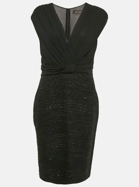 Max Mara Black Tweed and Silk Draped V-Neck Short Dress M