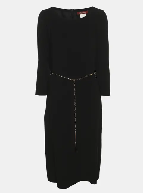 Max Mara Black Wool Blend Belted Midi Dress L